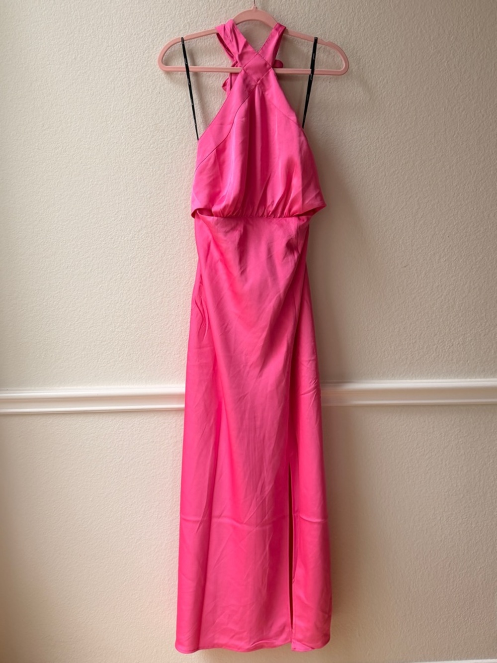 MINKPINK Hot Pink Satin Halter Maxi Dress NWT Open Back Side Slit Barbiecore L